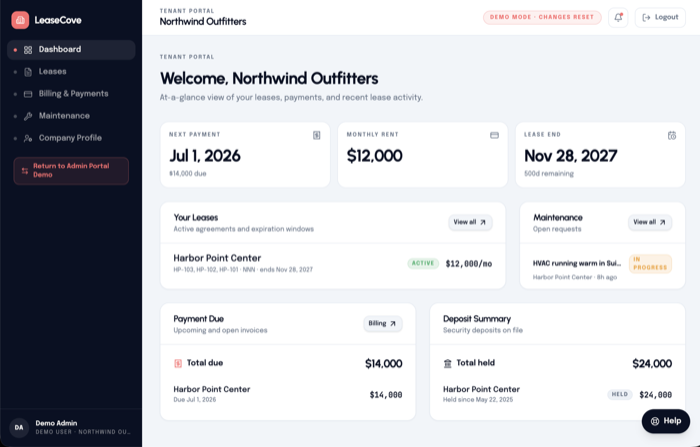 LeaseCove tenant portal showing welcome, payments, leases, maintenance, and deposit summary